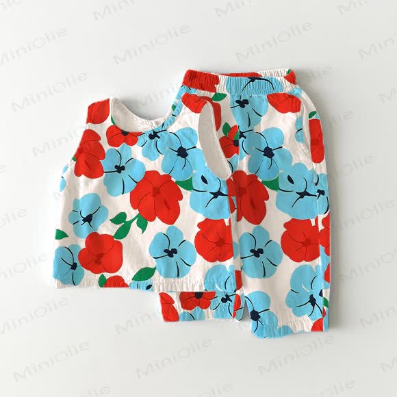 Toddler Girl Red&Blue Flower Print White 2-piece Sleeveless Set - White - 5-7T - image 1