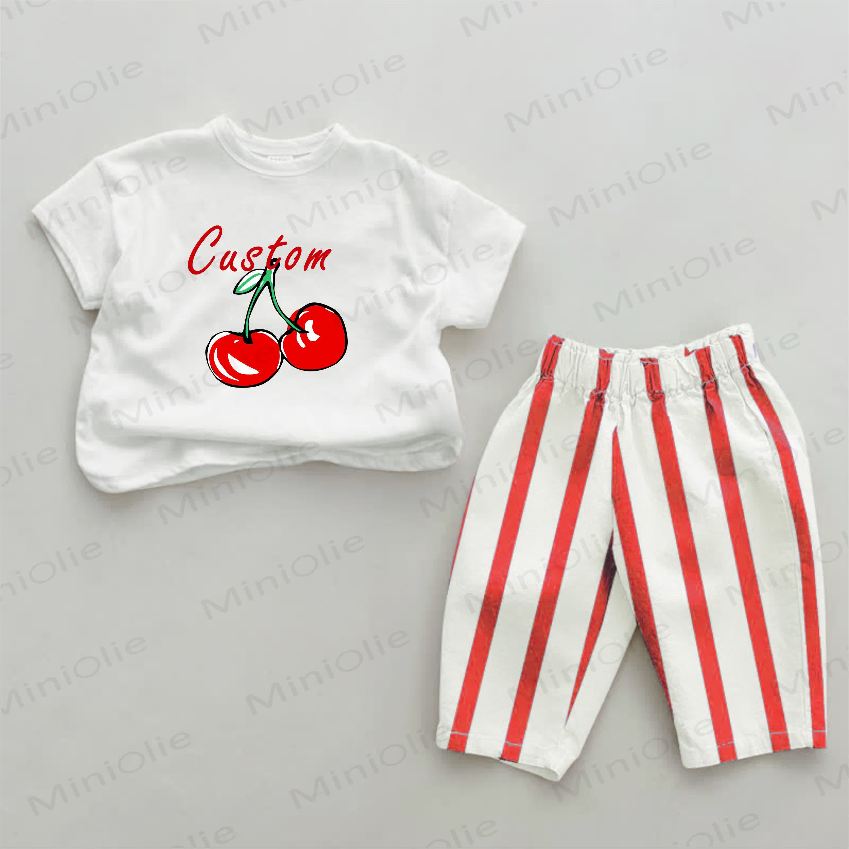 Personalize Baby Name Customization Cherry Print Red Striped 2-piece Set - image 1