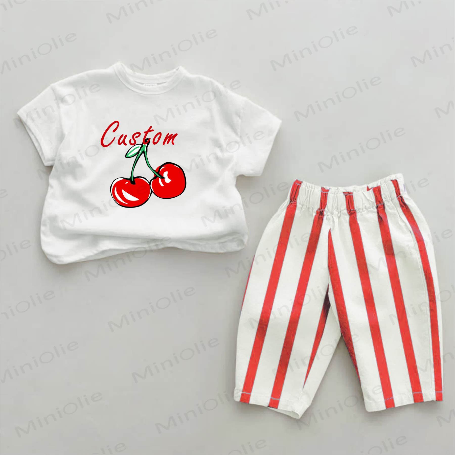 Personalize Baby Name Customization Cherry Print Red Striped 2-piece Set - image 1