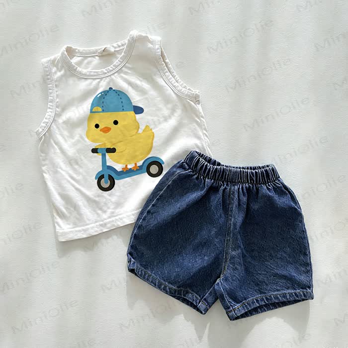 Baby Duck Tank and Denim Shorts 2-Piece Set - White&Blue - 3-5T - image 1