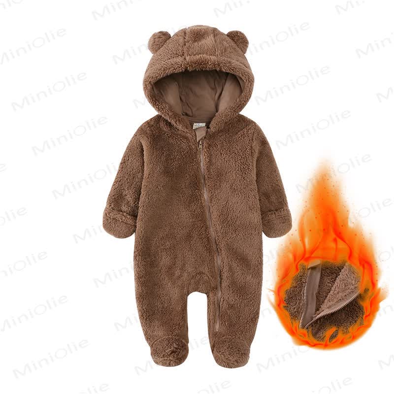 Baby Fleece Solid Color Hooded Romper - Brown - 9-12M - image 5