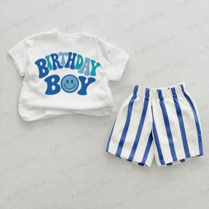 BIRTHDAY BOY Baby Blue Vertical Striped 2-piece Shorts Set - White&Blue - 2-3T - image 1