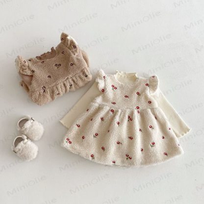 Toddler Girl Flower Flying Sleeves Fleece Dress - image 5