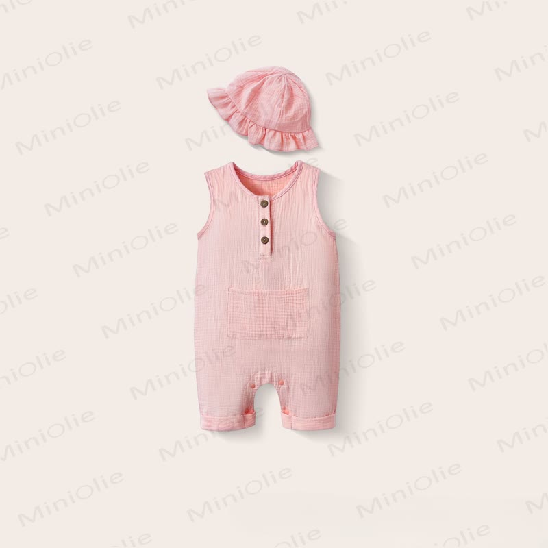 Baby Solid Color Pocket Sleeveless Romper with Hat - Light Pink - 12-18M - image 7