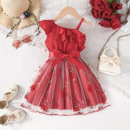 Toddler Flower Bow Tulle Charming Dress - Red - 10Y - image 26
