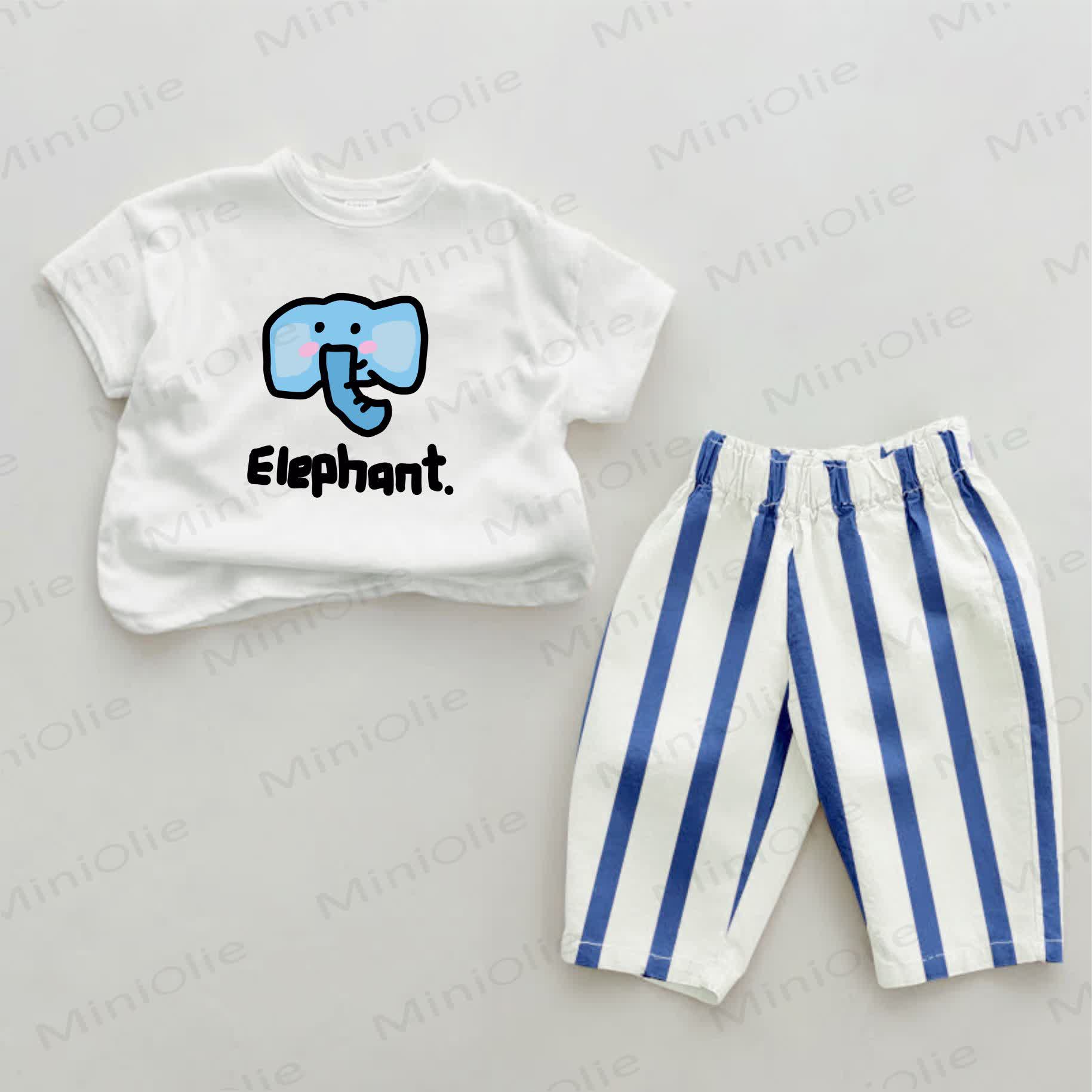 ELEPHANT Baby Elephant Print Blue Vertical Striped 2-piece Set - White&Blue - 2-3T - image 1