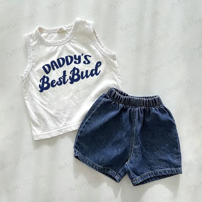 DADDY'S BEST BUD Baby Denim Shorts 2-Piece Set - White&Blue - 3-5T - image 1
