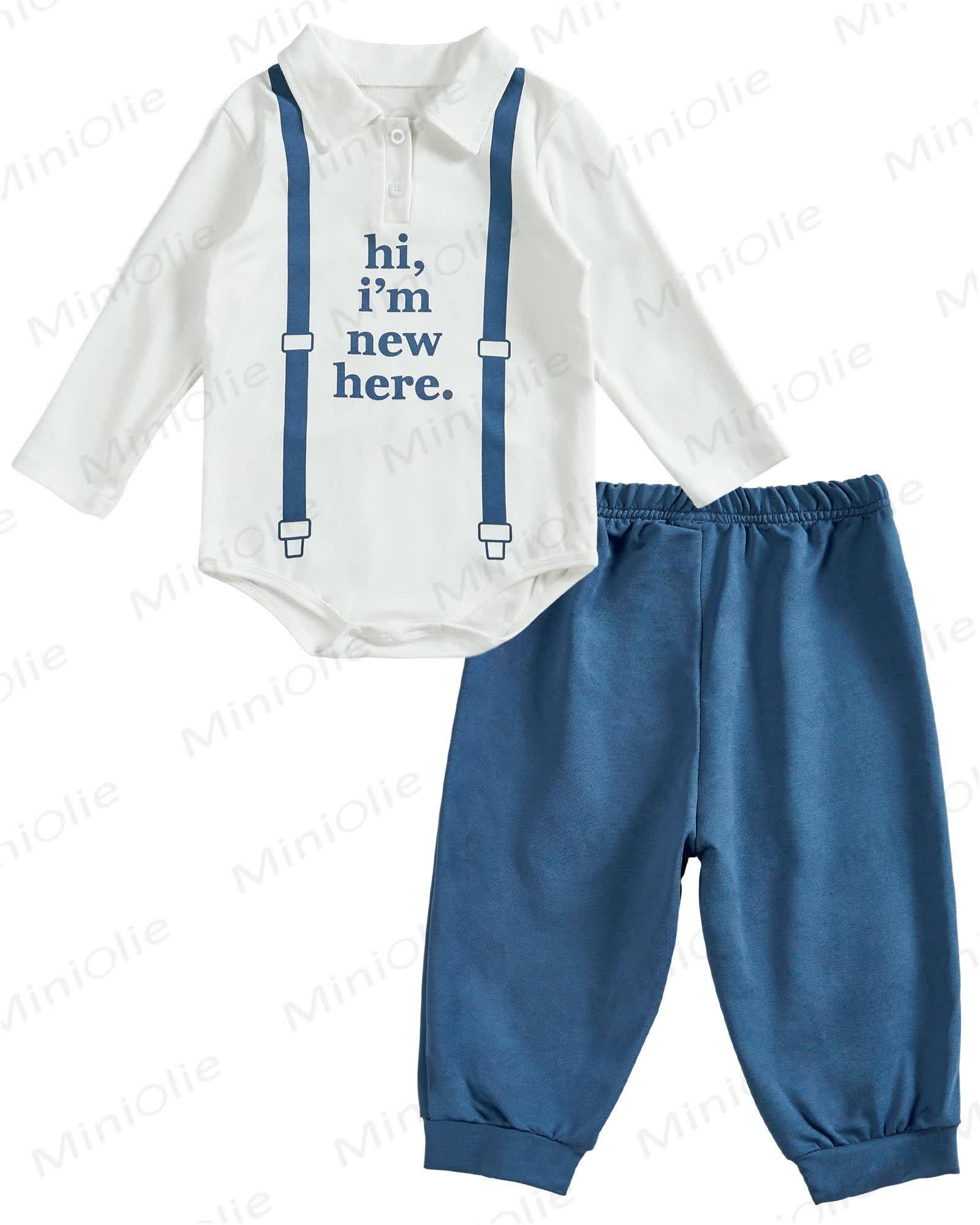 Toddler Baby I'm New Here Crew Long Sleeve Snap Closure Romper Top Jogger Pants Set - image 11