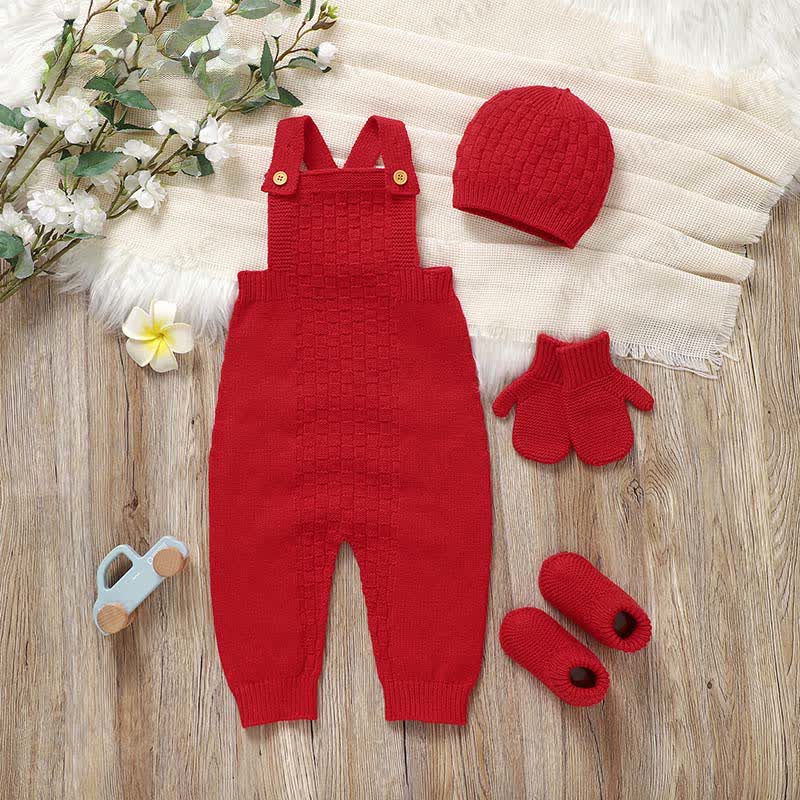 Baby Solid Color Knit Romper with Hat Socks Gloves - Red - 12-18M - image 7
