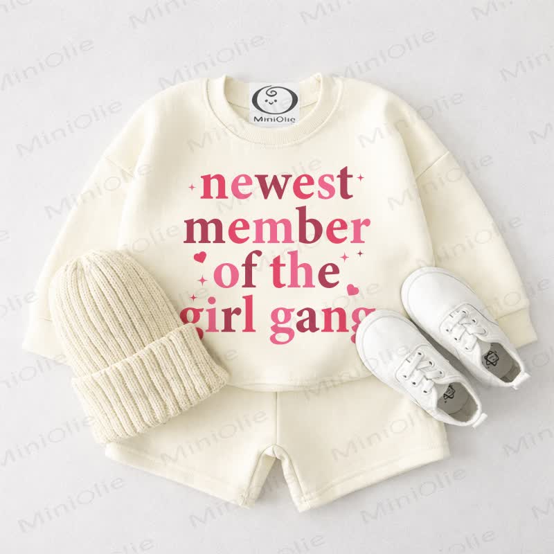NEWEST MEMBER OF THE GIRL GANG Baby Cream White Sweatshirt and Shorts 2-piece Set - Cream White - 3-4T - image 1
