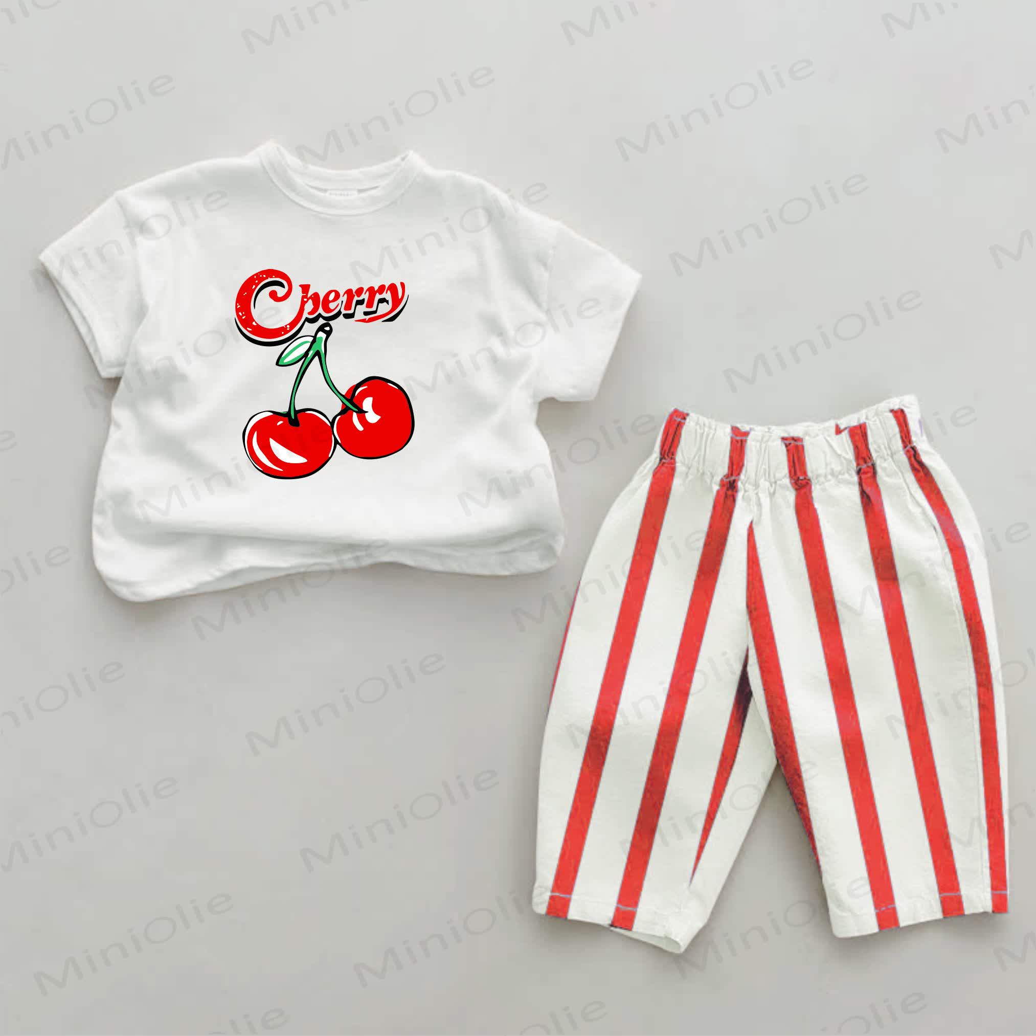 CHERRY Baby Girls Cherry Print Red Striped 2-piece Set - White&Red - 2-3T - image 1