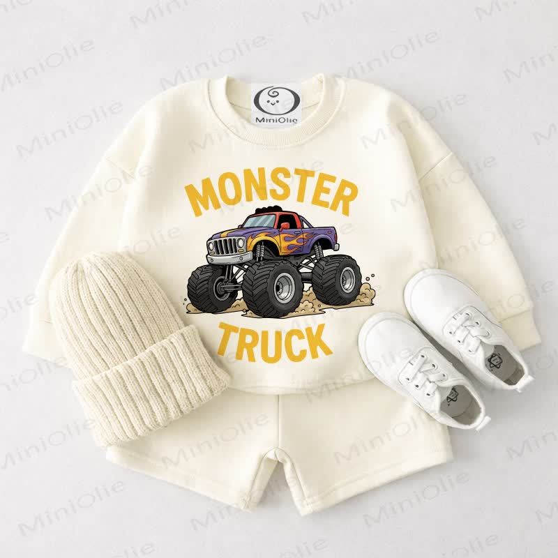 MONSTER TRUCK Baby Cream White Sweatshirt and Shorts 2-piece Set - Cream White - 3-4T - image 1