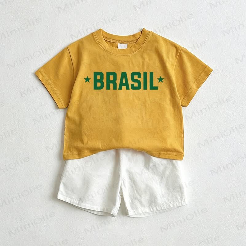 BRASIL Baby Tee and Shorts 2-Piece Set - Yellow&White - 3-5T - image 1