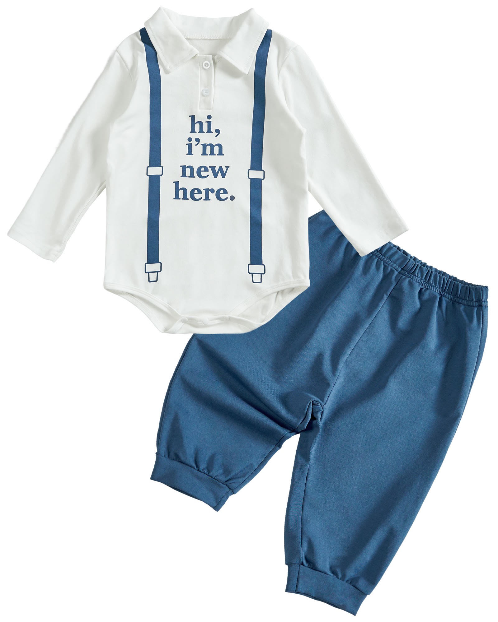 Toddler Baby I'm New Here Crew Long Sleeve Snap Closure Romper Top Jogger Pants Set - Blue - 2-3T - image 6