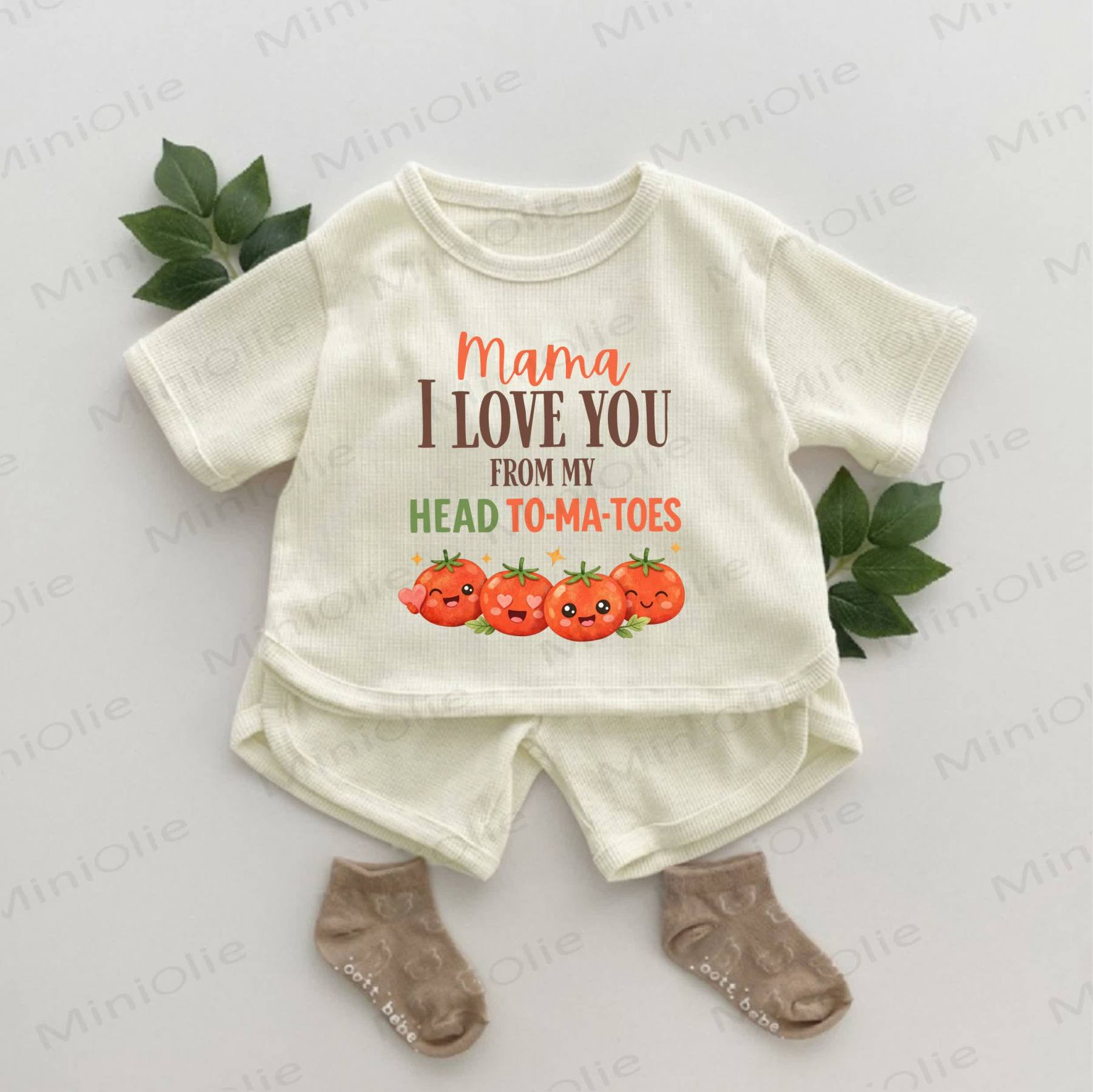 MAMA I LOVE YOU FROM MY HEAD TO-MA-TOES Baby Tomato Print Waffle 2-piece Set - Apricot - 2-3T - image 1