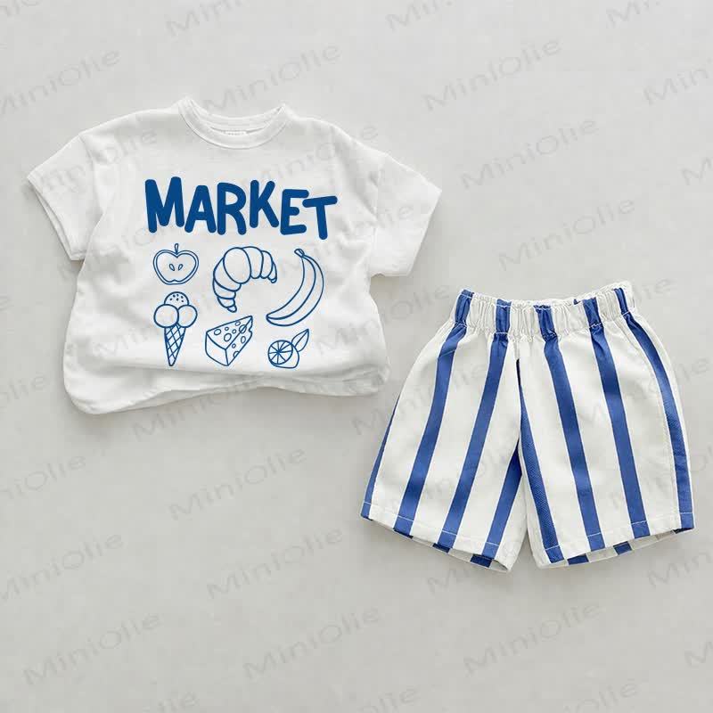 MARKET Baby Fruit&Food Blue Vertical Striped 2-piece Shorts Set - White&Blue - 2-3T - image 1
