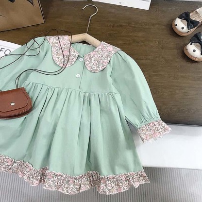 Toddler Flower Lapels Pastoral Style Dress - Green - 10Y - image 10