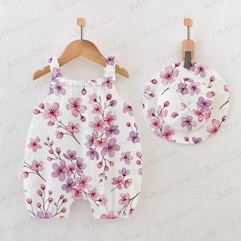 Baby Cherry Blossom Print White Romper With Hat - White - 18-24M - image 1