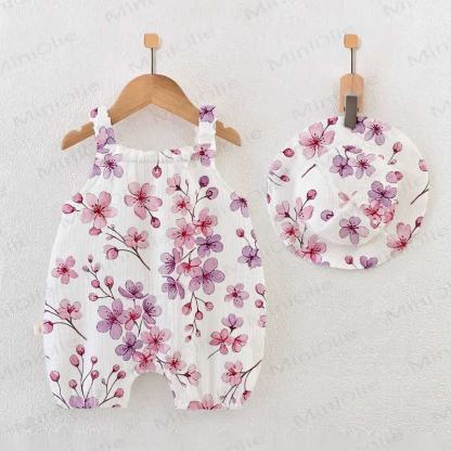 Baby Cherry Blossom Print White Romper With Hat - White - 18-24M - image 1