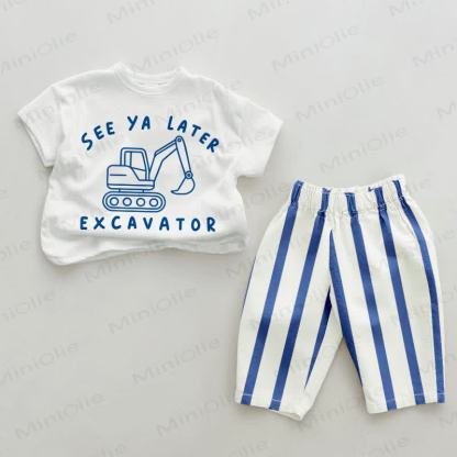 SEE YA LATER EXCAVATOR Baby Blue Vertical Striped 2-piece Set - White&Blue - 2-3T - image 1