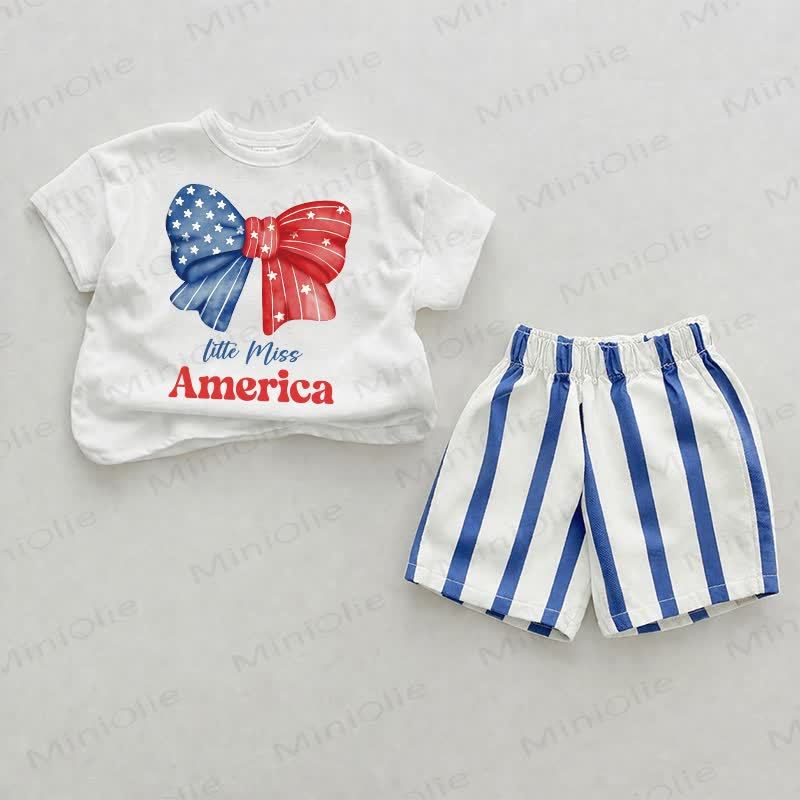 LITTLE MISS AMERICA Baby Blue Vertical Striped 2-piece Shorts Set - White&Blue - 2-3T - image 1
