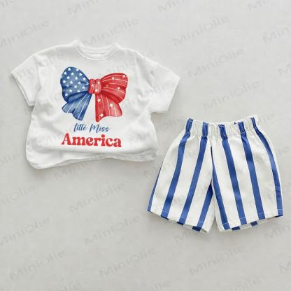 LITTLE MISS AMERICA Baby Blue Vertical Striped 2-piece Shorts Set - White&Blue - 2-3T - image 1