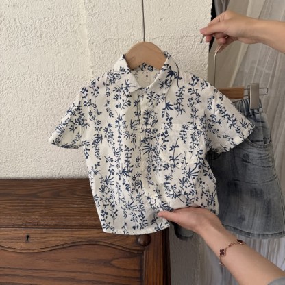 Kid Boy Floral Ink Painting Shirt Top - image 3