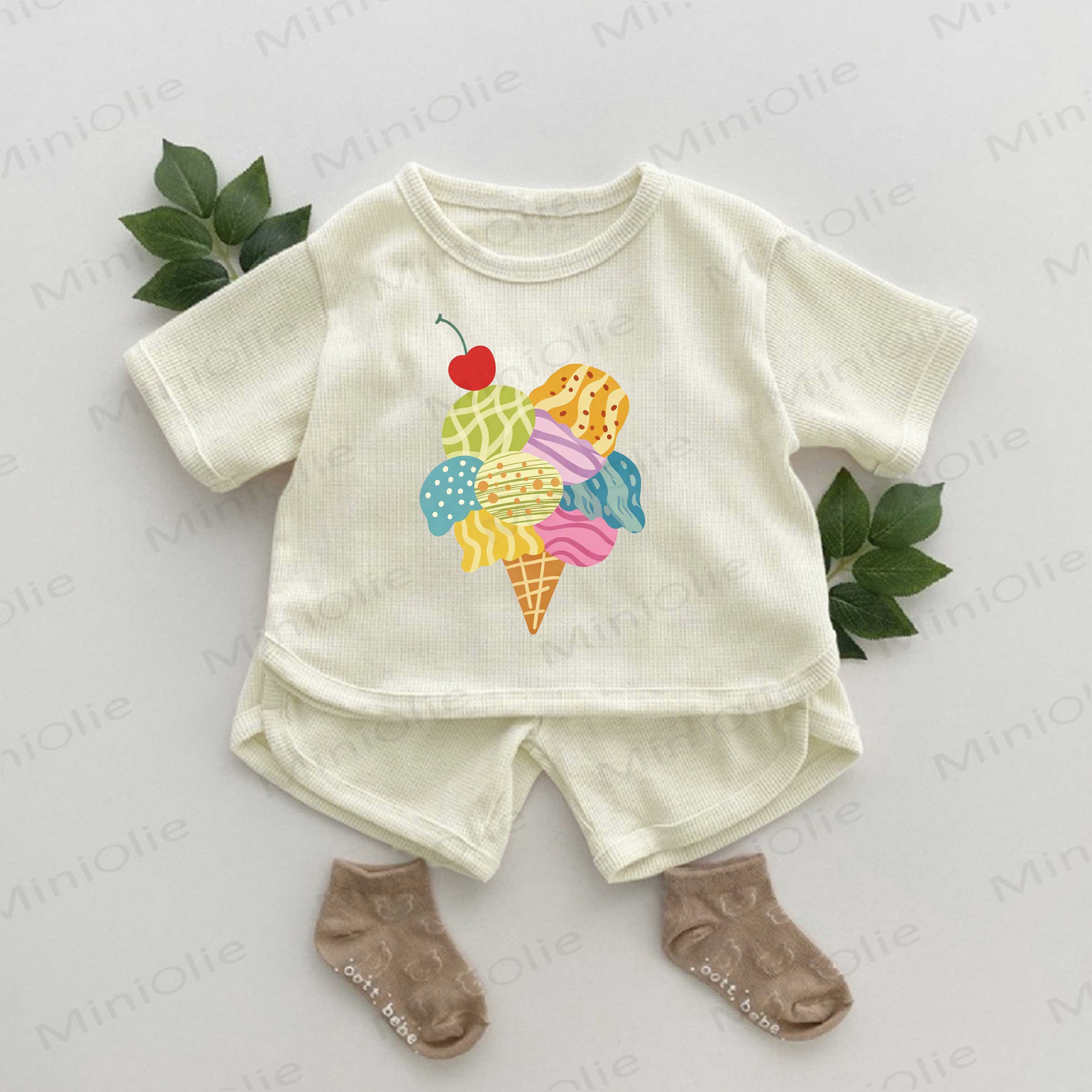 Baby Ice Cream Print Waffle 2-piece Set - Apricot - 2-3T - image 1
