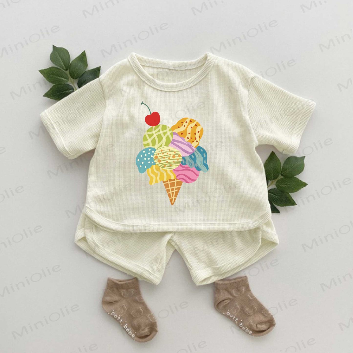 Baby Ice Cream Print Waffle 2-piece Set - Apricot - 2-3T - image 1