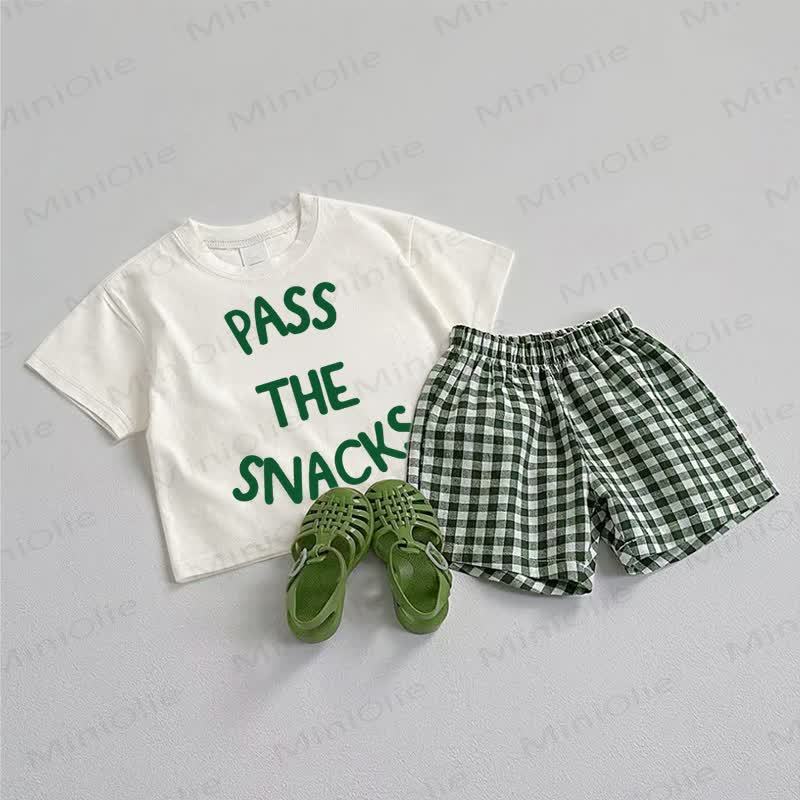 PASS THE SNACKS Baby Tee and Plaid Shorts 2-Piece Set - White&Green - 3-5T - image 1