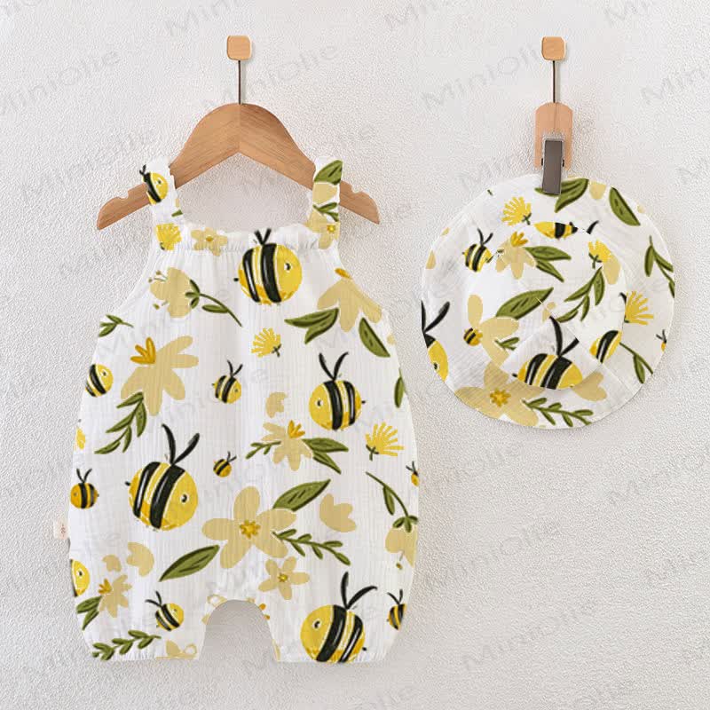 Baby Bee Print White Jumpsuit with Hat - White - 18-24M - image 1
