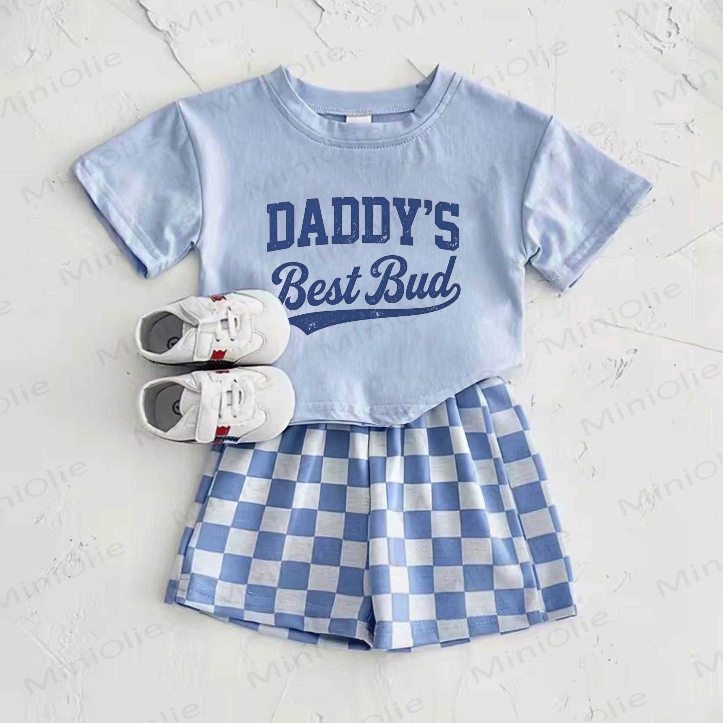 DADDY'S BEST BUD Baby Blue Slogan T-shirt and Plaid Pants 2-Piece Set - Blue - 2-3T - image 1