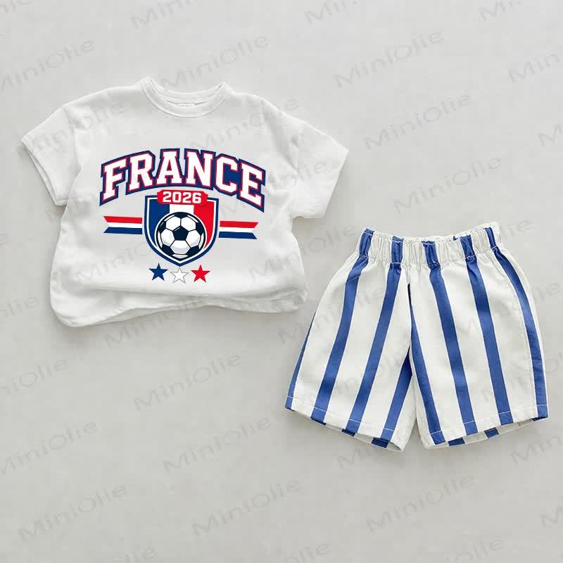 FRANCE 2026 Baby Blue Football Print Vertical Striped 2-piece Shorts Set - White&Blue - 2-3T - image 1