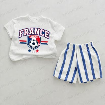 FRANCE 2026 Baby Blue Football Print Vertical Striped 2-piece Shorts Set - White&Blue - 2-3T - image 1
