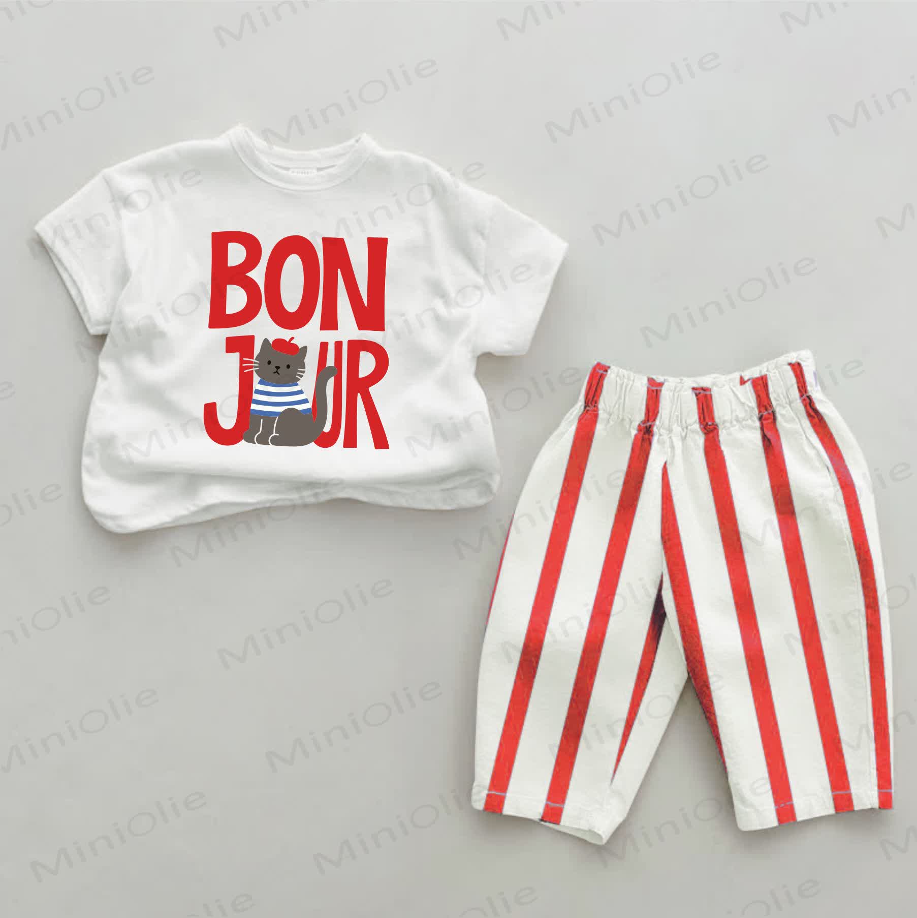 BONJOUR Baby Cat Print Red Striped 2-piece Set - White&Red - 2-3T - image 1