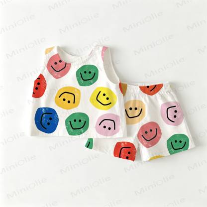 Baby Toddler Smile Face Print White Top and Shorts 2-piece Set - White - 3-4T - image 1