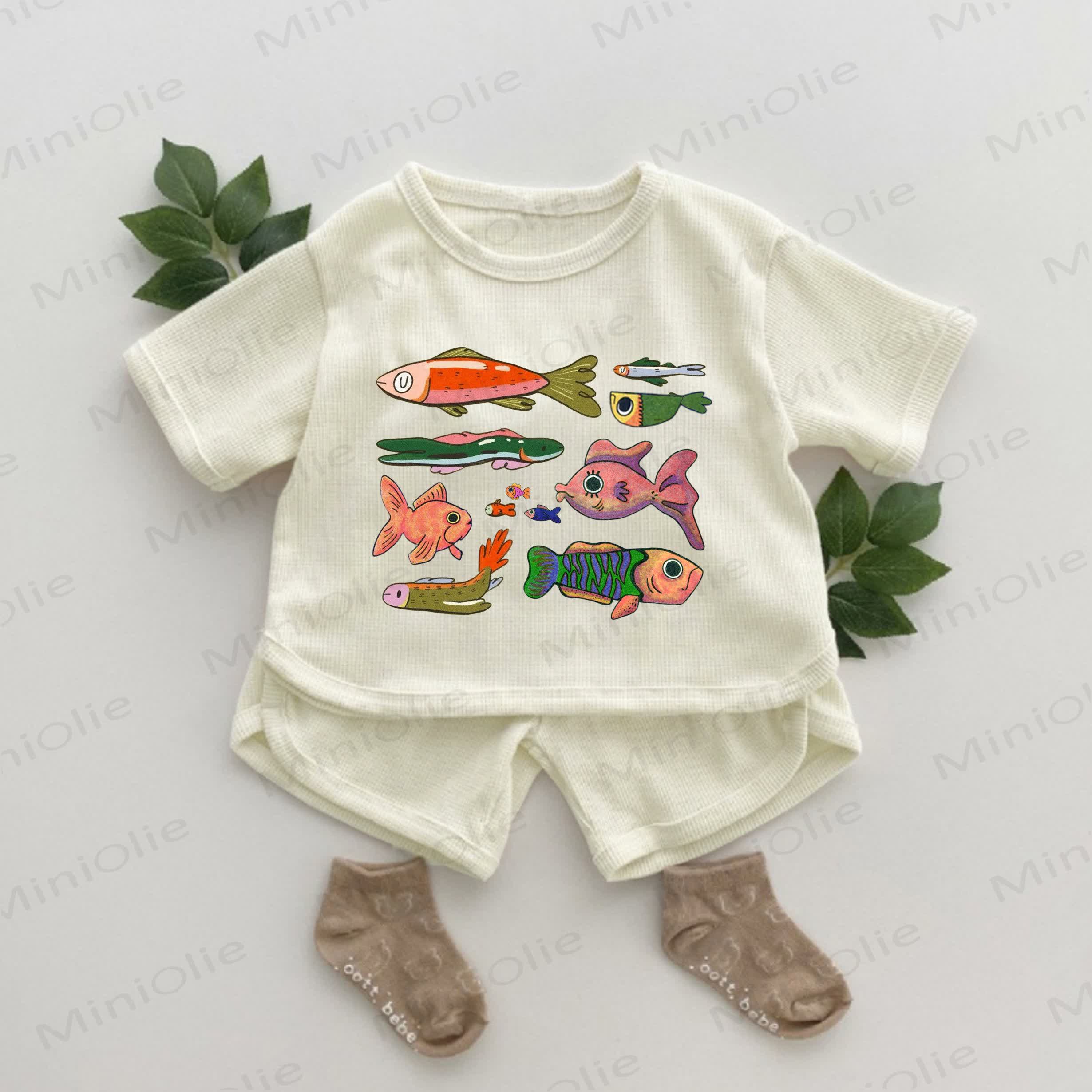 Baby Fish Print Waffle 2-piece Set - Apricot - 2-3T - image 1