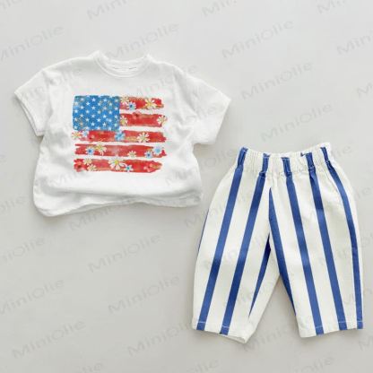 Baby Floral American Flag Blue Vertical Striped Pants 2-piece Set - White&Blue - 2-3T - image 1