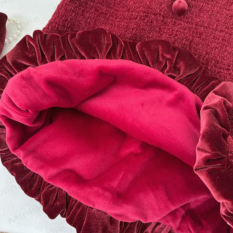 Toddler Solid Color Red Velvet Dress with Bow - image 5