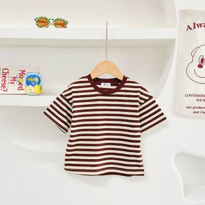 Toddler Striped Crew Neck Summer T-Shirt - Brown - 10-11T - image 5