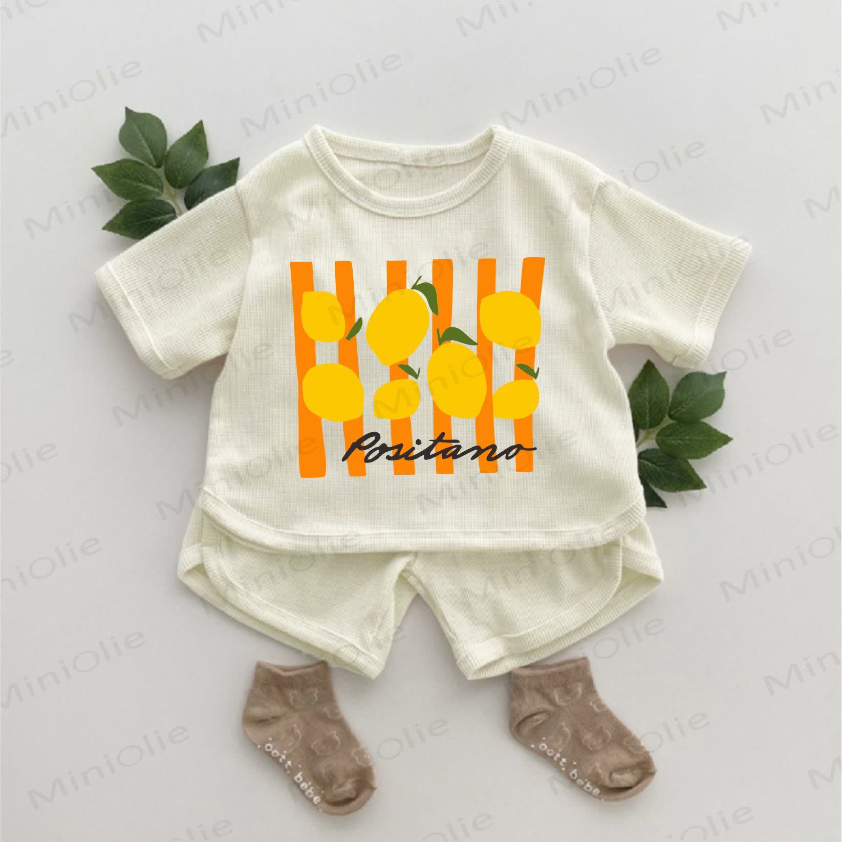 POSITANO Baby Lemon Striped Slogan Waffle 2-piece Set - Apricot - 2-3T - image 1