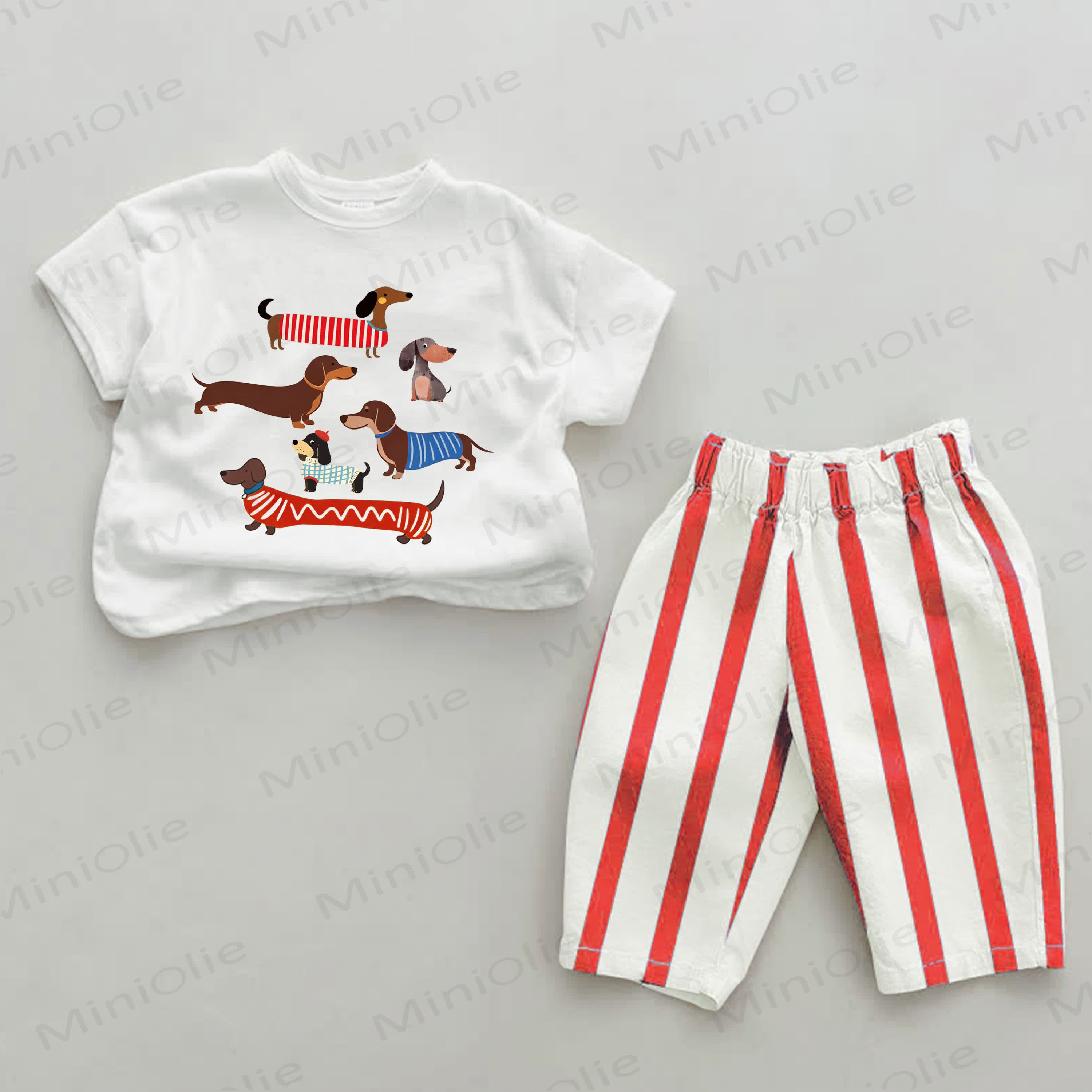 Baby Dachshund Red Striped 2-piece Set - White&Red - 2-3T - image 1