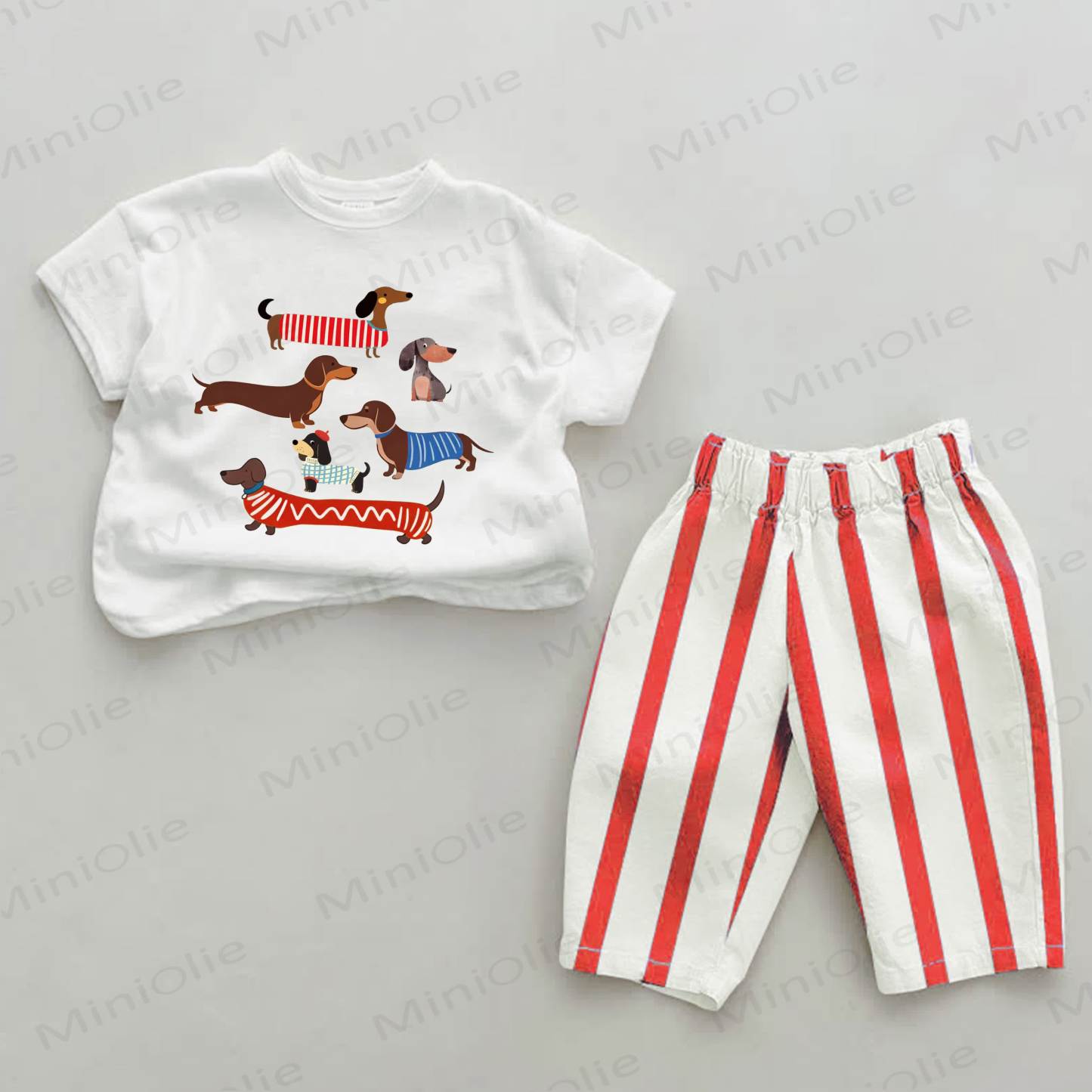 Baby Dachshund Red Striped 2-piece Set - White&Red - 2-3T - image 1