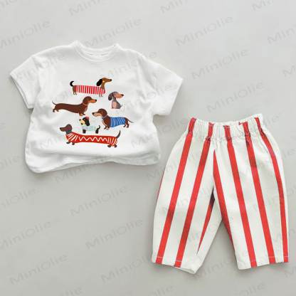 Baby Dachshund Red Striped 2-piece Set - White&Red - 2-3T - image 1