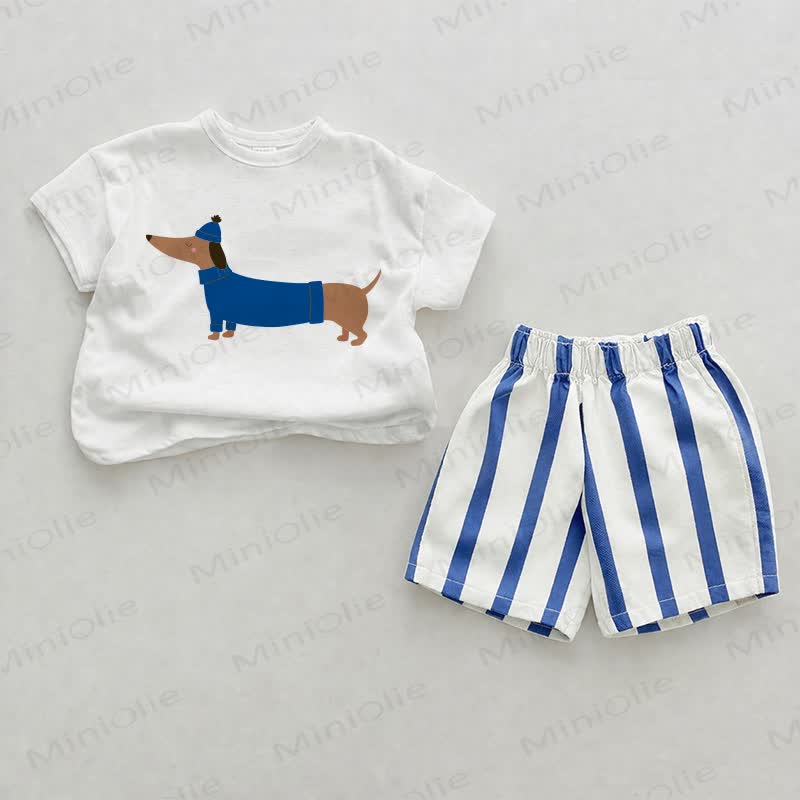 Baby Dachshund Blue Vertical Striped 2-piece Shorts Set - White&Blue - 2-3T - image 1