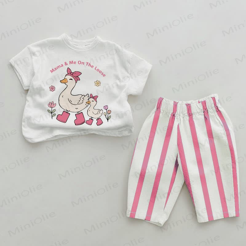 MAMA&ME ON THE LOOSE Baby Goose and Flower Pink Vertical Striped 2-piece Set - White&Pink - 2-3T - image 1