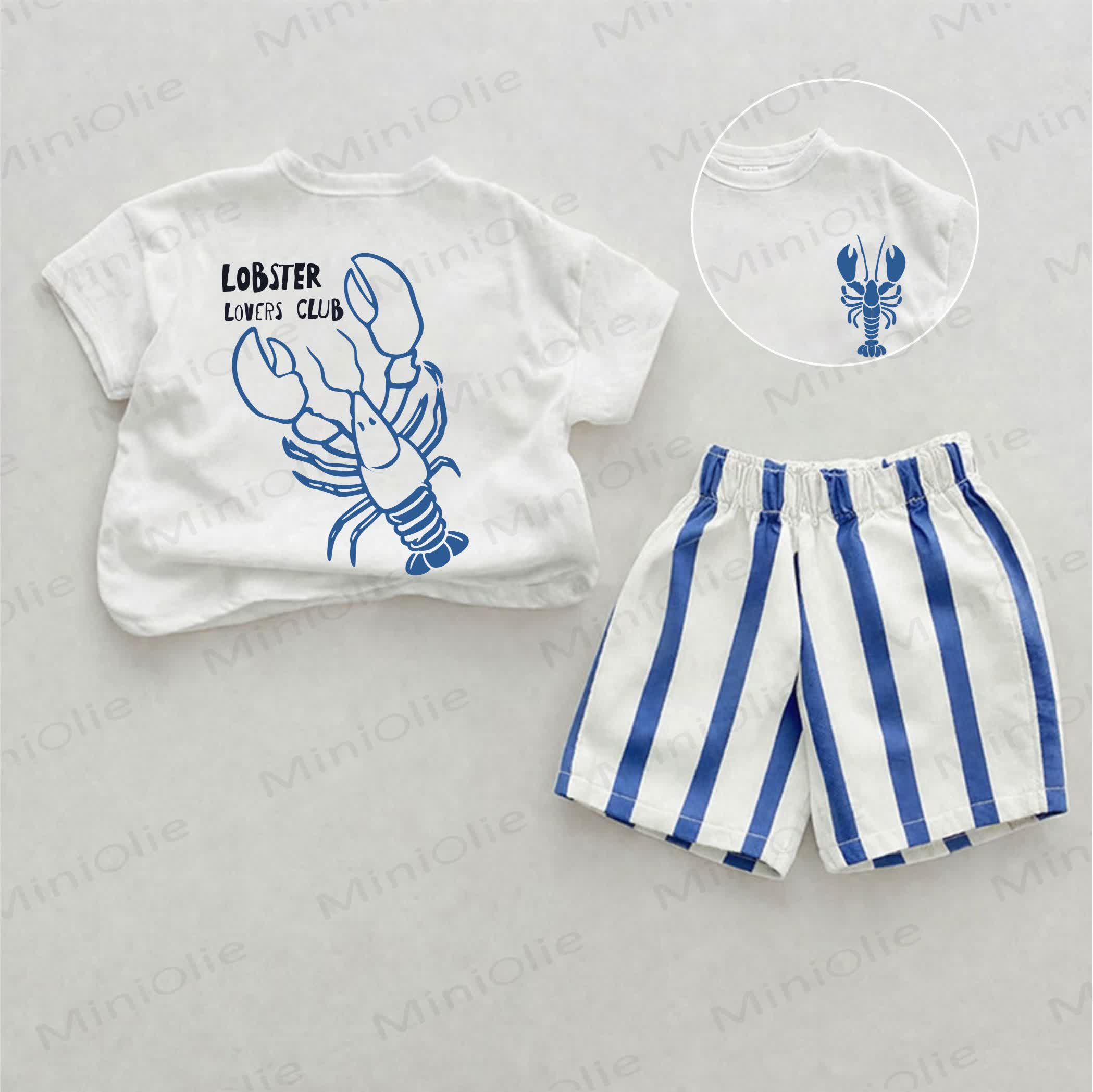 LOBSTER LOVERS CLUB Baby Lobster Print Blue Vertical Striped 2-piece Shorts Set - White&Blue - 2-3T - image 1