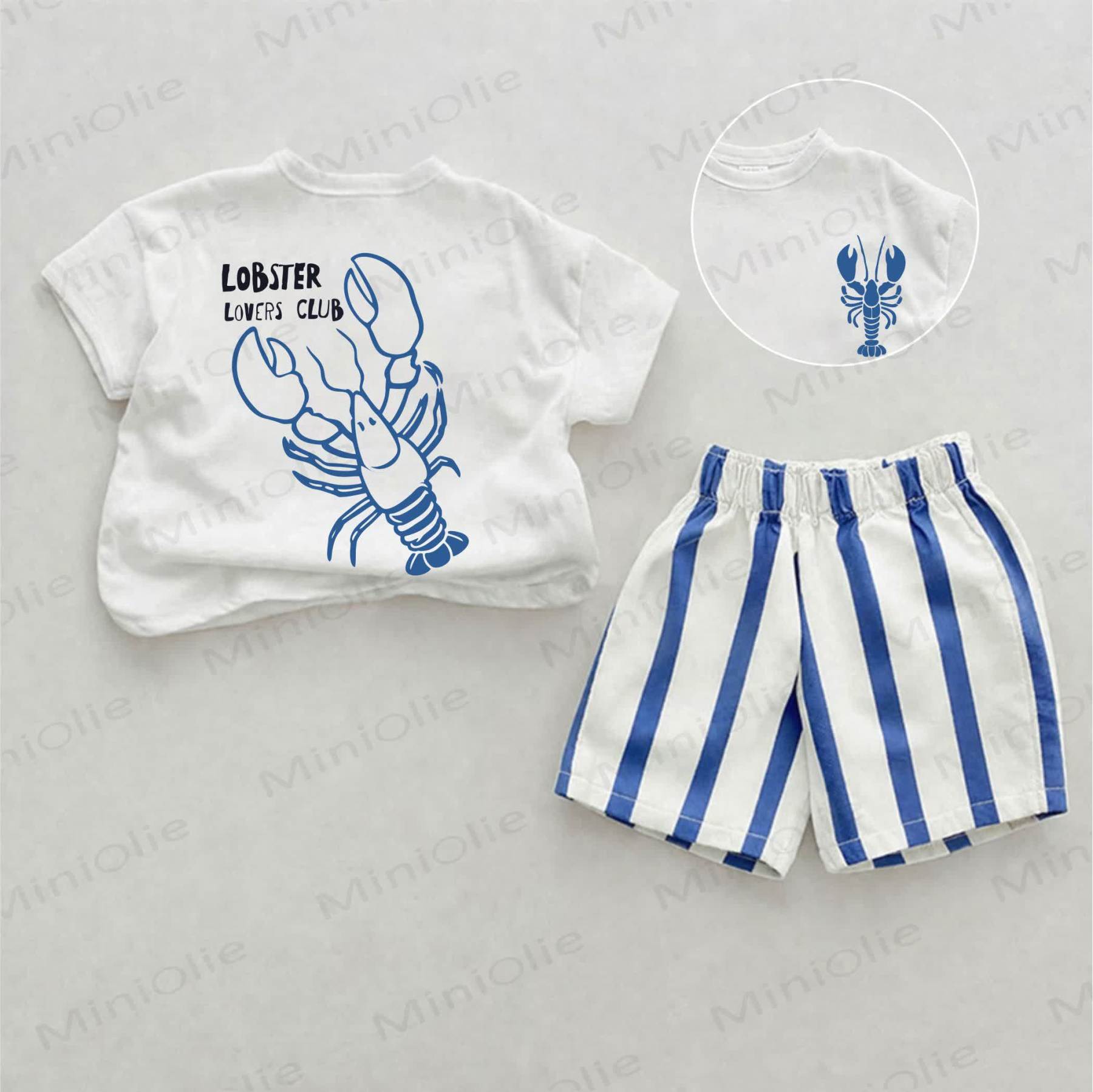 LOBSTER LOVERS CLUB Baby Lobster Print Blue Vertical Striped 2-piece Shorts Set - White&Blue - 2-3T - image 1