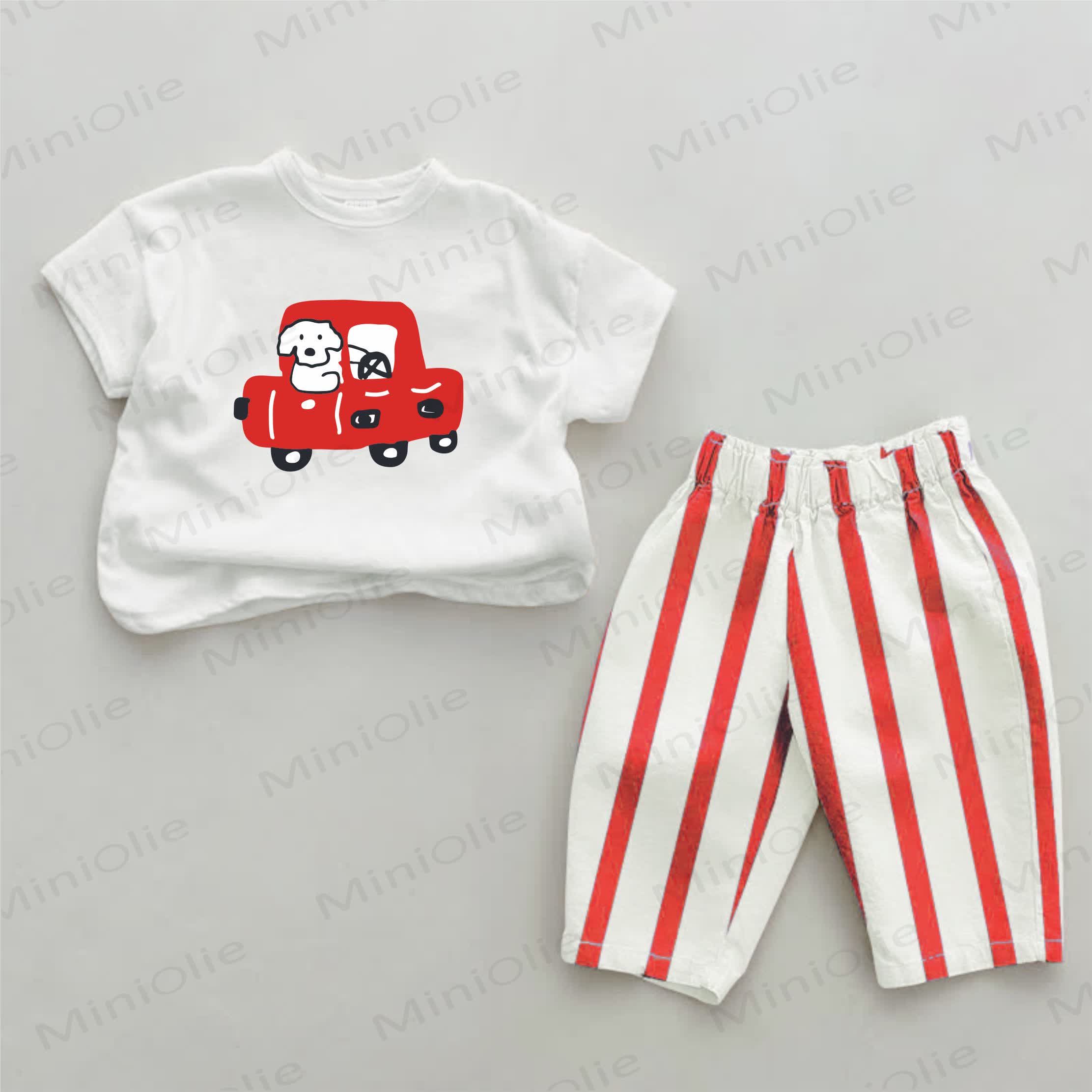 Baby Twin Driving Dog Red Striped 2-piece Set - White&Red - 2-3T - image 1