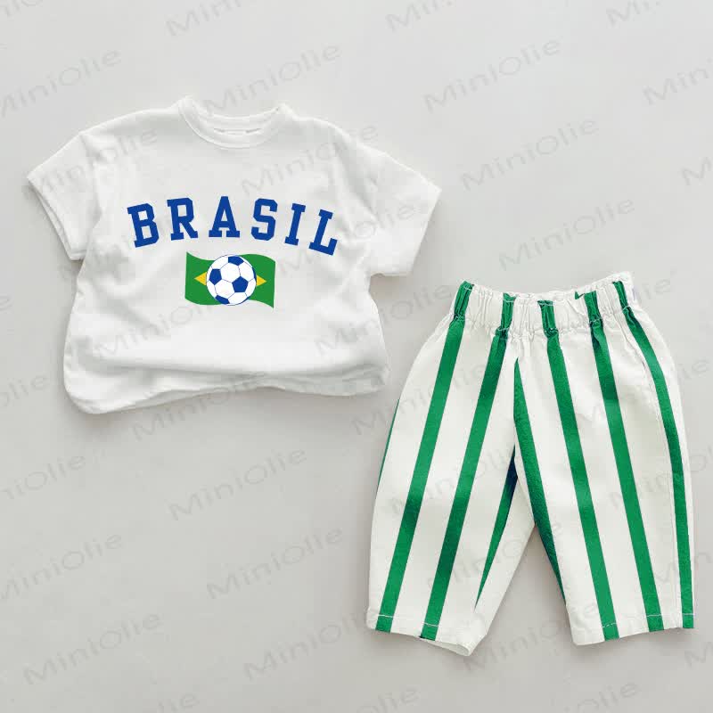 BRASIL Baby Green Football Vertical Striped 2-piece Set - White&Green - 2-3T - image 1